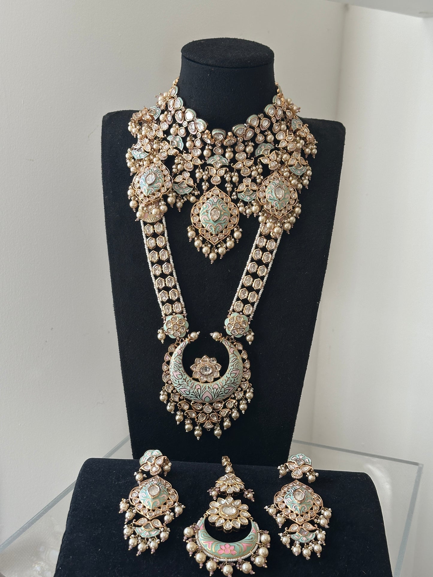 Mint Meenakari Bridal Jewellery Set with Long Haar & Statement Choker