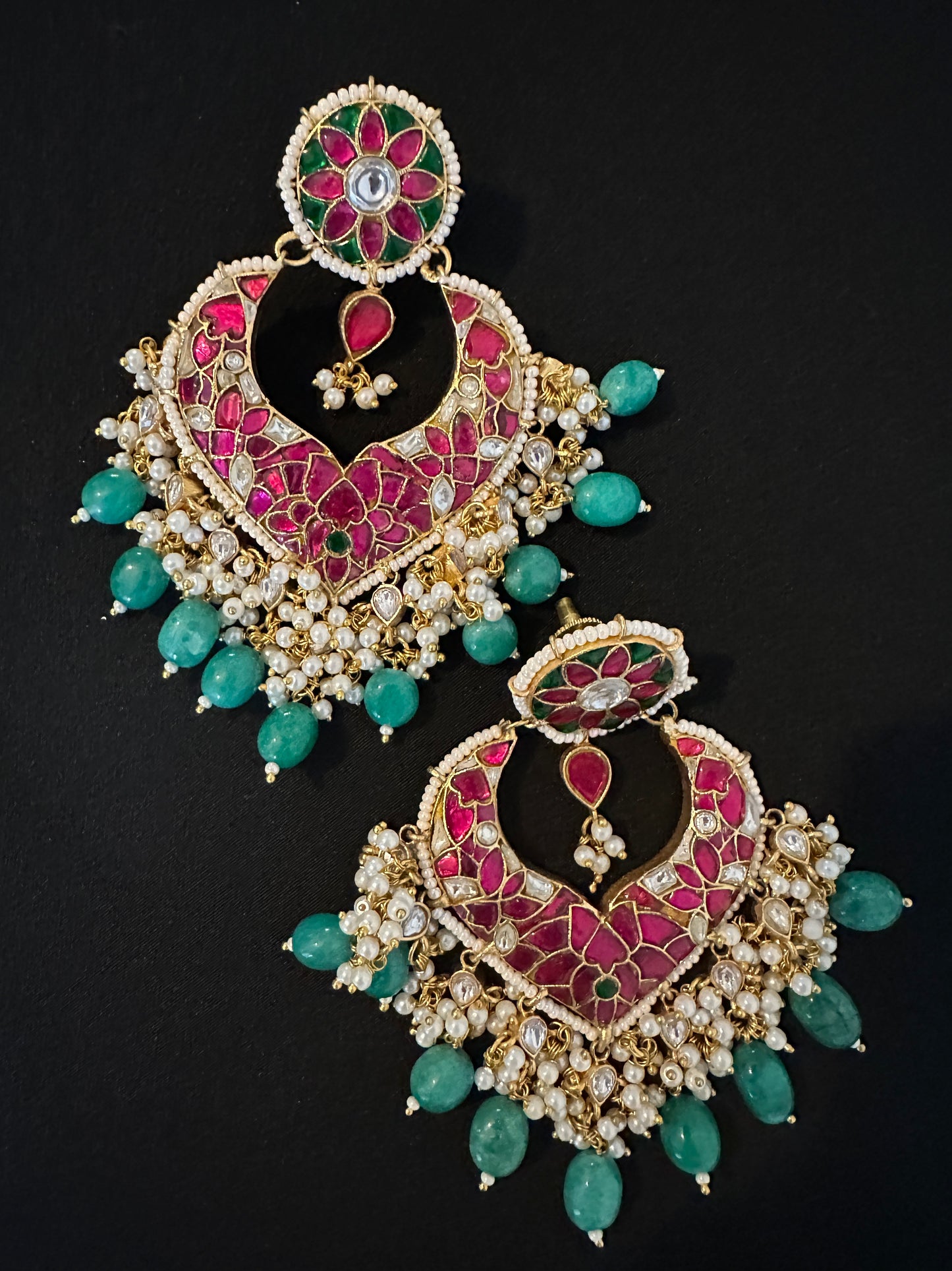 Ruby Pink & Emerald Green Polki Chandbali Earrings