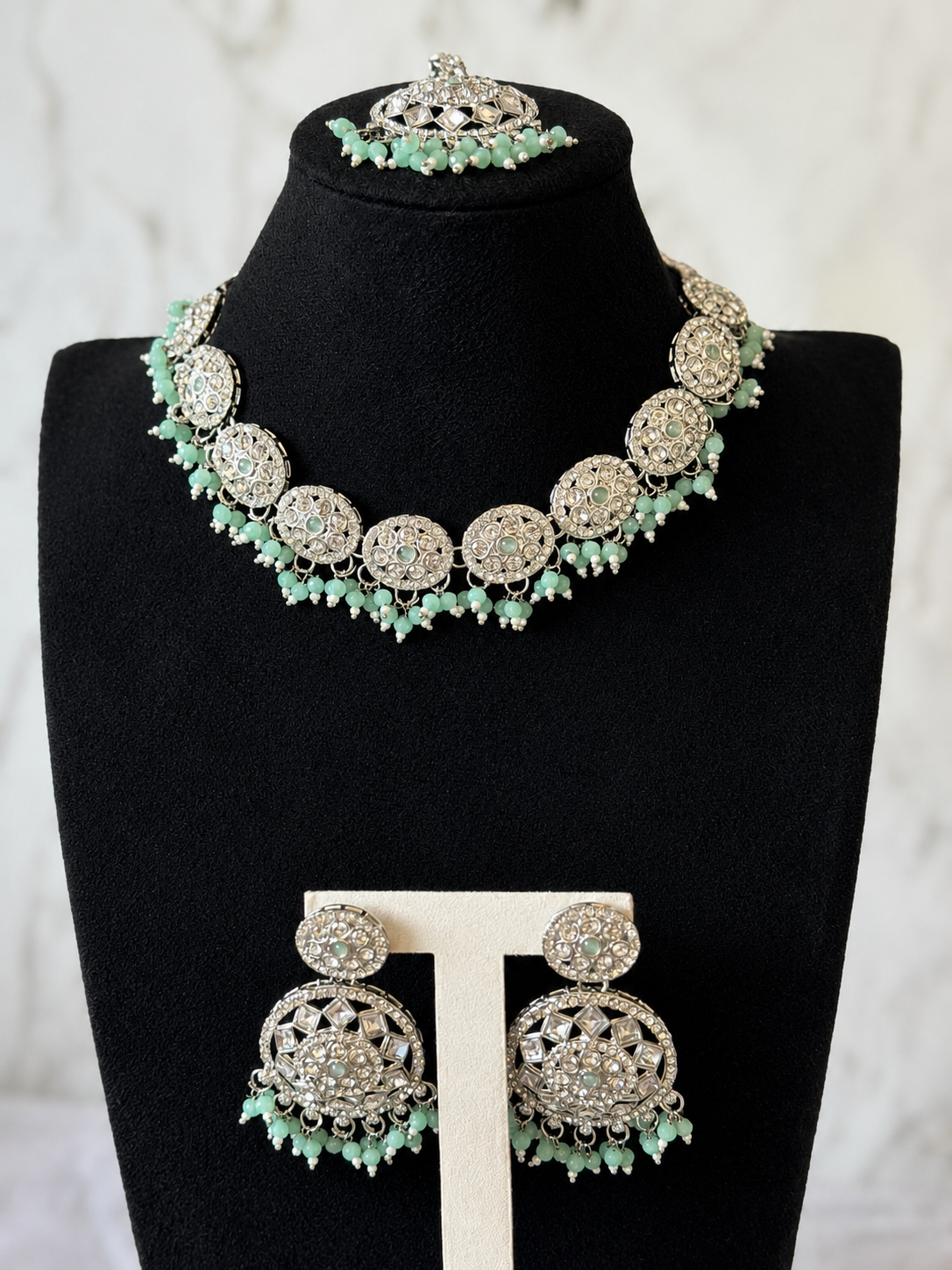 Mint green silver necklace set
