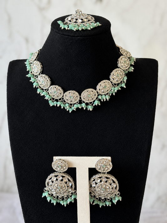 Mint green silver necklace set