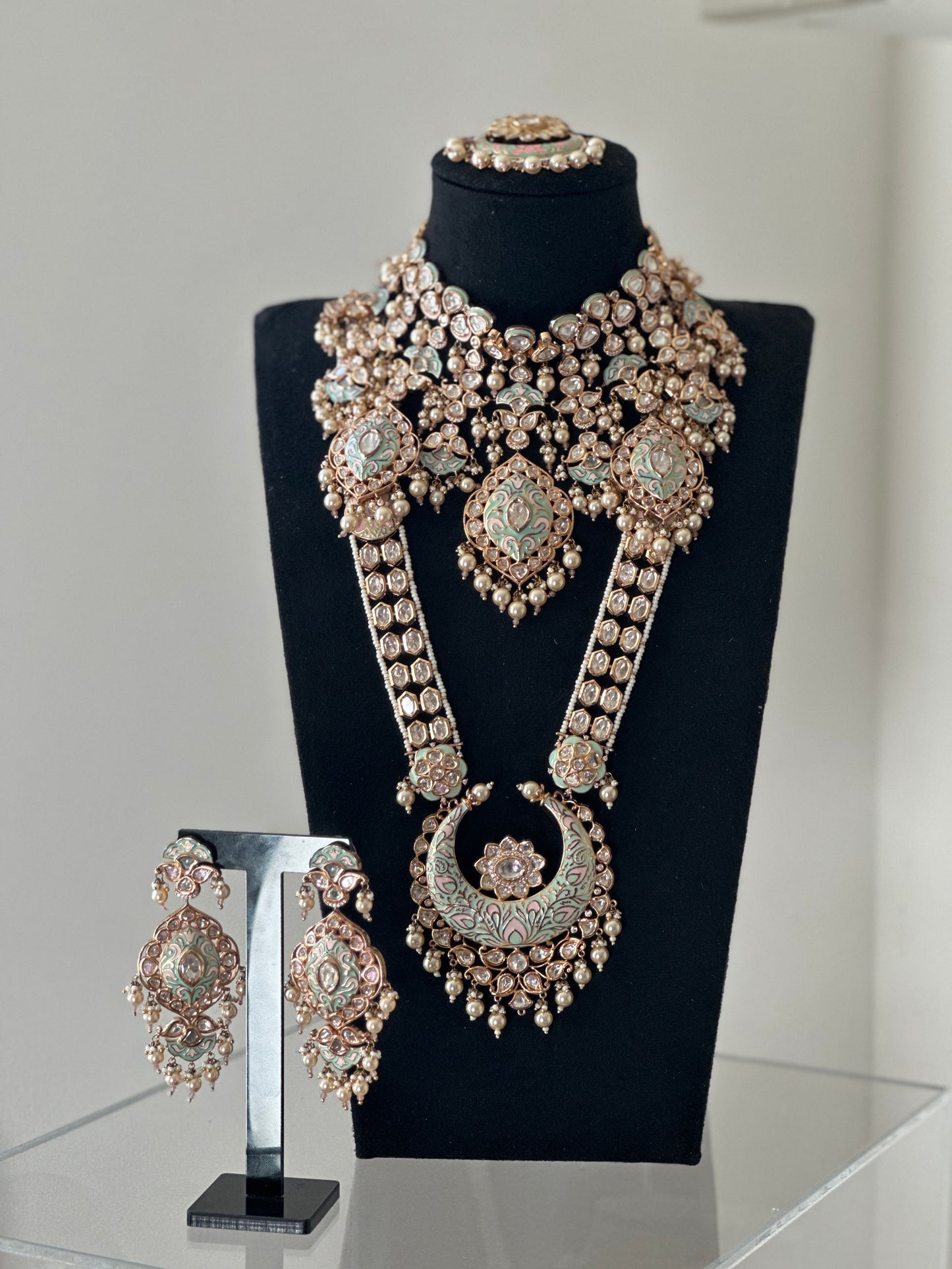 Mint Meenakari Bridal Jewellery Set with Long Haar & Statement Choker