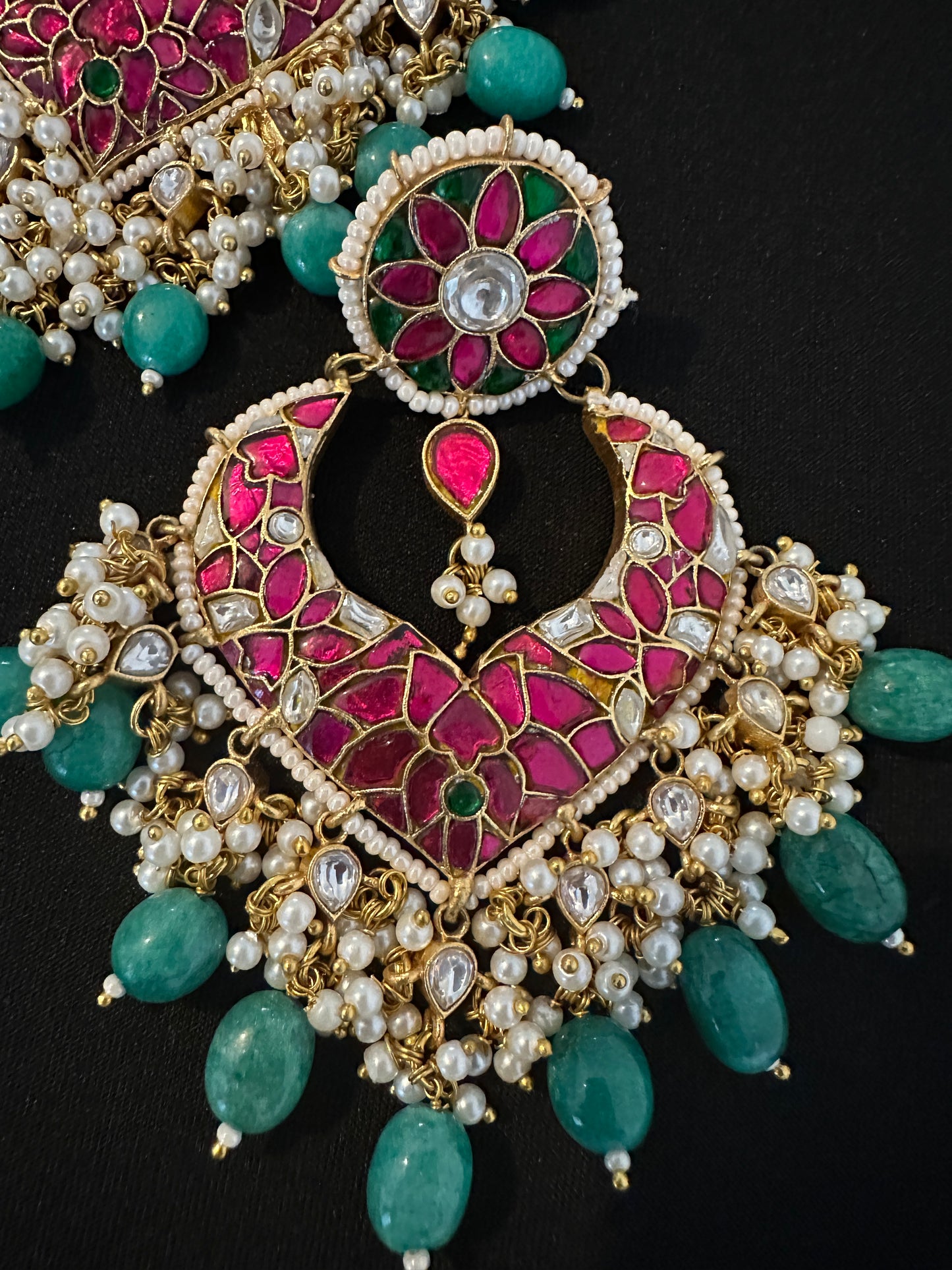 Ruby Pink & Emerald Green Polki Chandbali Earrings