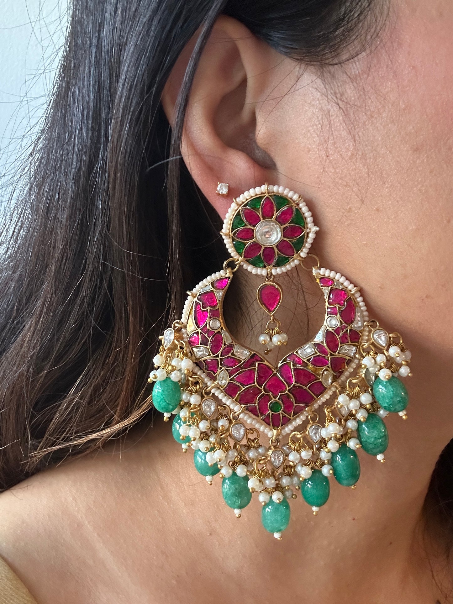 Ruby Pink & Emerald Green Polki Chandbali Earrings