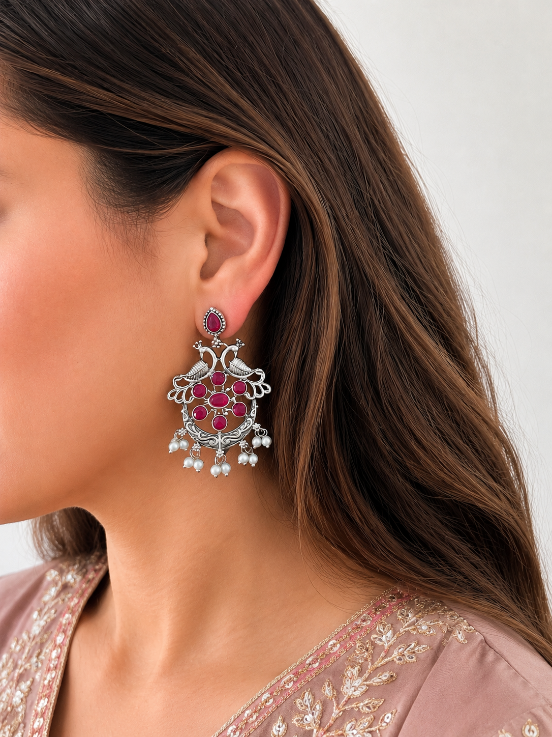 Oxidised Silver Ruby Chandbali Earrings