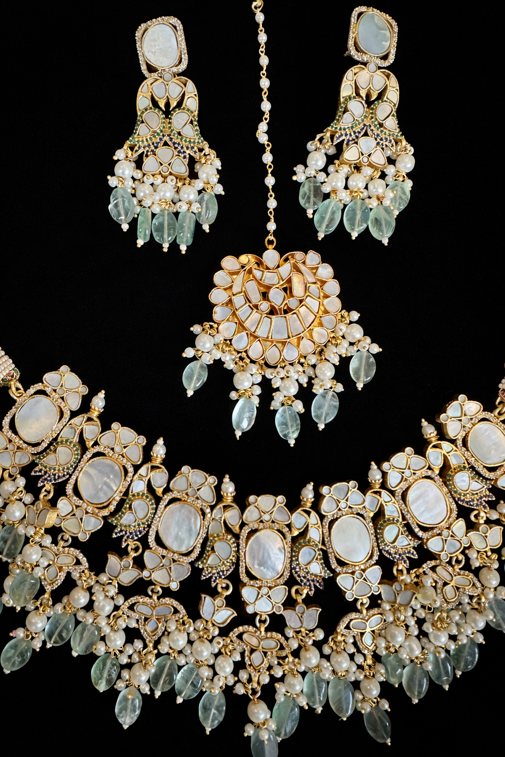 Sage Green Pearl Bridal Necklace Set